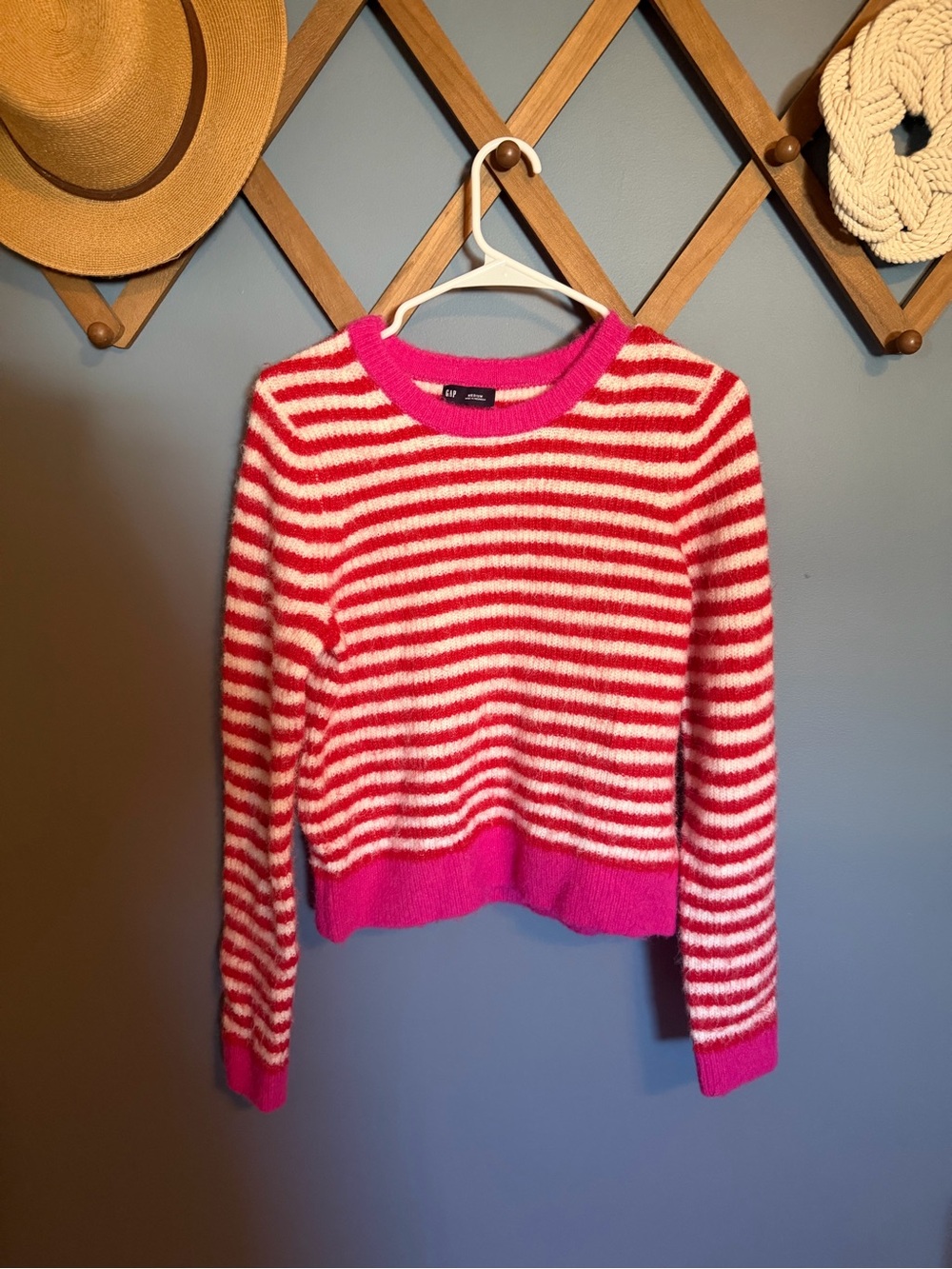 GAP Pink and White Striped Crewneck Sweater